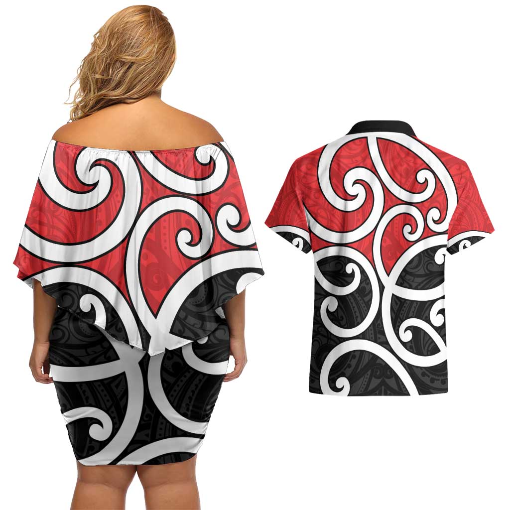 New Zealand Couples Matching Off Shoulder Short Dress and Hawaiian Shirt Maori Koru Tino Rangatiratanga Color LT14 - Polynesian Pride