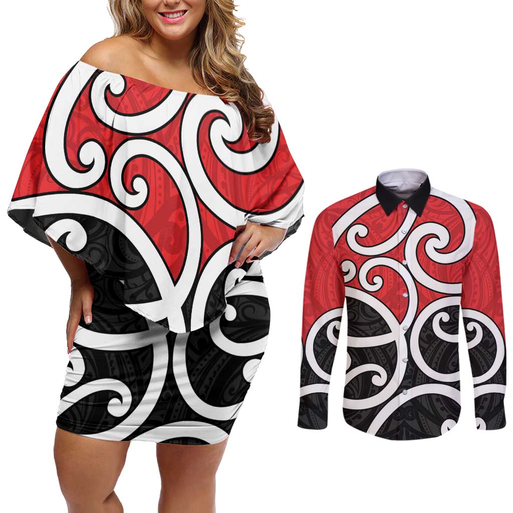 New Zealand Couples Matching Off Shoulder Short Dress and Long Sleeve Button Shirt Maori Koru Tino Rangatiratanga Color LT14 Red - Polynesian Pride
