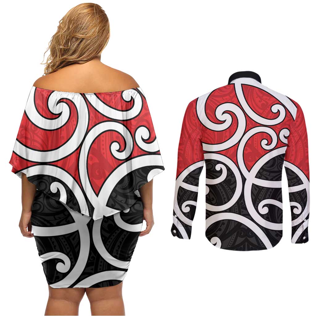 New Zealand Couples Matching Off Shoulder Short Dress and Long Sleeve Button Shirt Maori Koru Tino Rangatiratanga Color LT14 - Polynesian Pride