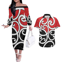 New Zealand Couples Matching Off The Shoulder Long Sleeve Dress and Hawaiian Shirt Maori Koru Tino Rangatiratanga Color LT14 Red - Polynesian Pride