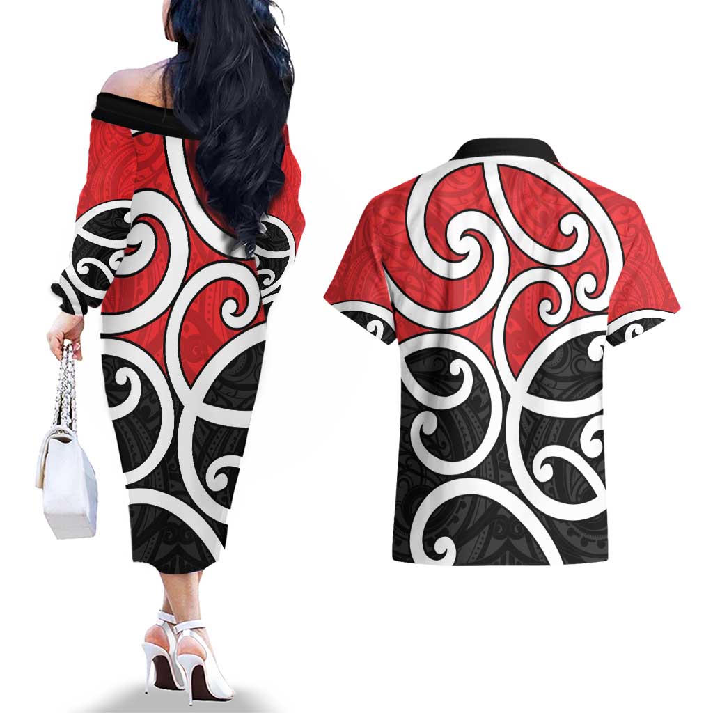 New Zealand Couples Matching Off The Shoulder Long Sleeve Dress and Hawaiian Shirt Maori Koru Tino Rangatiratanga Color LT14 - Polynesian Pride