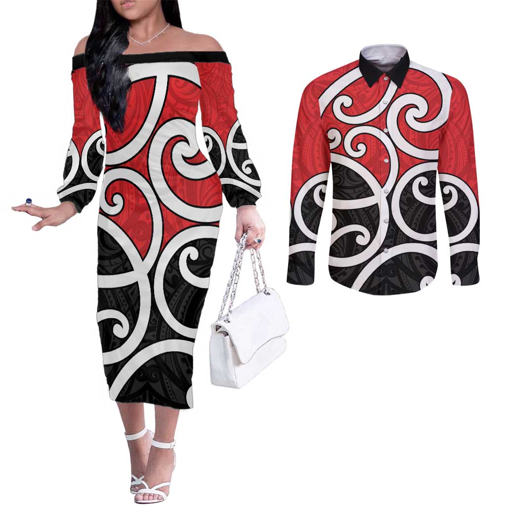 New Zealand Couples Matching Off The Shoulder Long Sleeve Dress and Long Sleeve Button Shirt Maori Koru Tino Rangatiratanga Color LT14 Red - Polynesian Pride