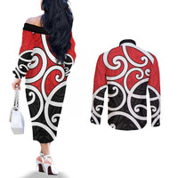 New Zealand Couples Matching Off The Shoulder Long Sleeve Dress and Long Sleeve Button Shirt Maori Koru Tino Rangatiratanga Color LT14 - Polynesian Pride