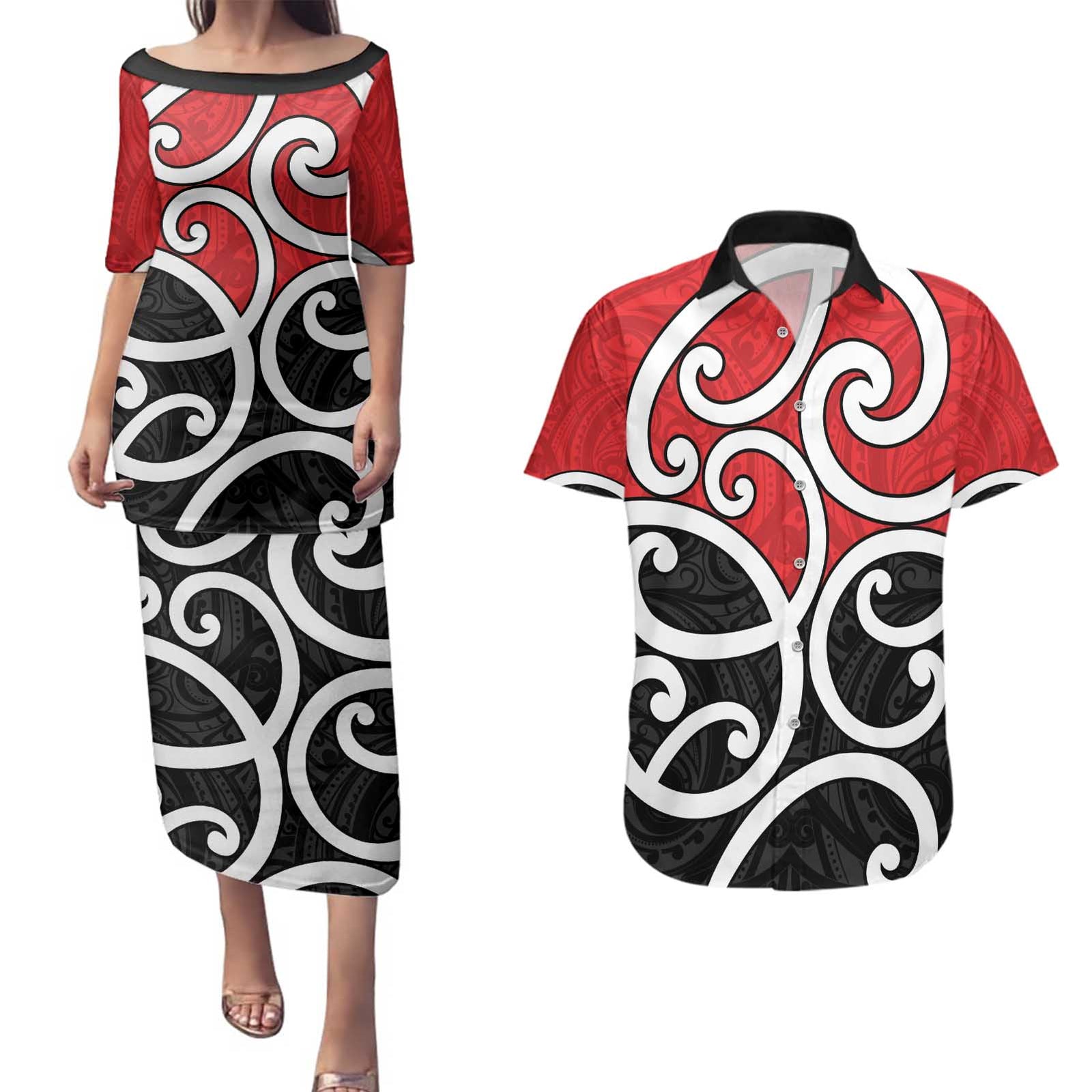 New Zealand Couples Matching Puletasi and Hawaiian Shirt Maori Koru Tino Rangatiratanga Color LT14 Red - Polynesian Pride