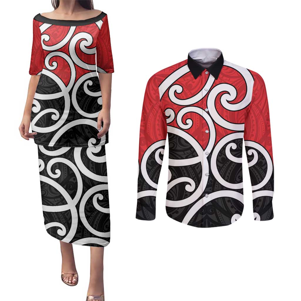 New Zealand Couples Matching Puletasi and Long Sleeve Button Shirt Maori Koru Tino Rangatiratanga Color LT14 Red - Polynesian Pride