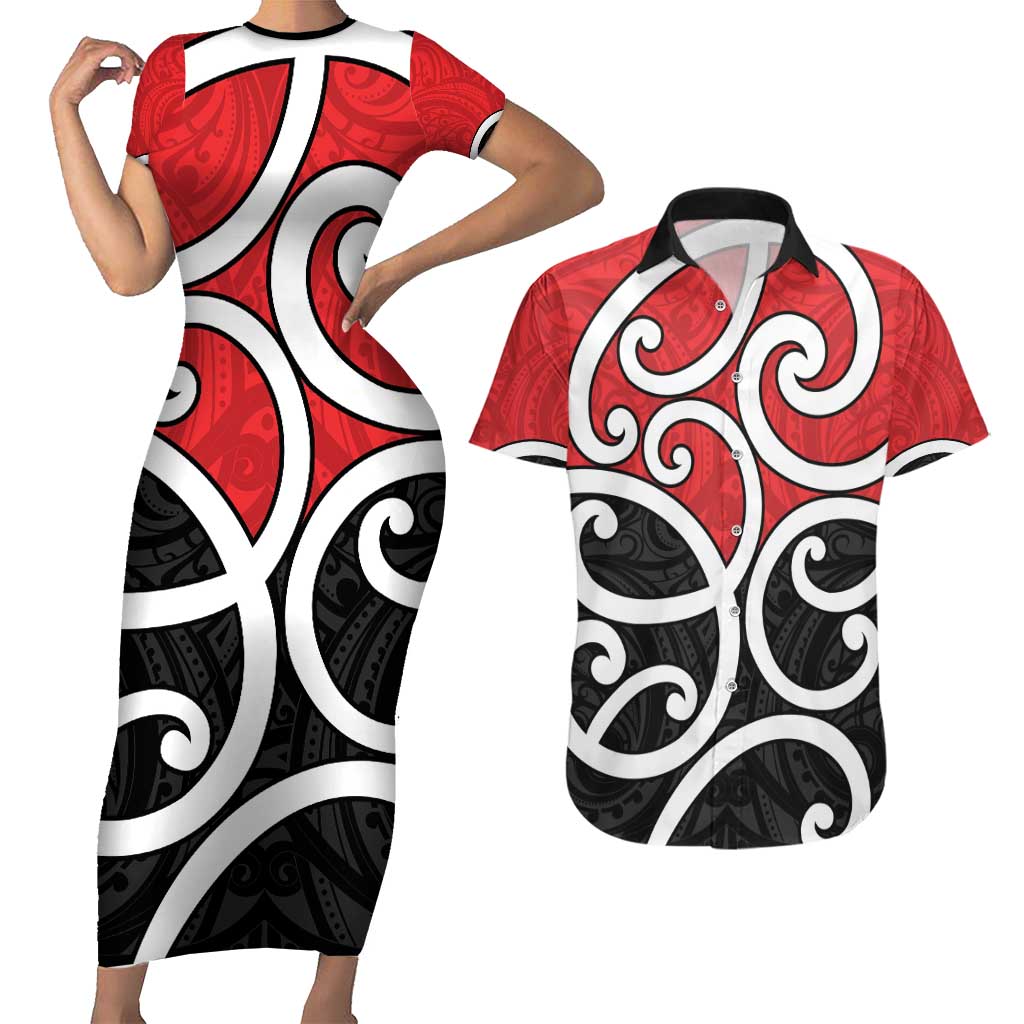 New Zealand Couples Matching Short Sleeve Bodycon Dress and Hawaiian Shirt Maori Koru Tino Rangatiratanga Color LT14 Red - Polynesian Pride