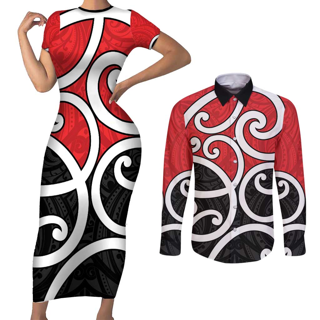 New Zealand Couples Matching Short Sleeve Bodycon Dress and Long Sleeve Button Shirt Maori Koru Tino Rangatiratanga Color LT14 Red - Polynesian Pride