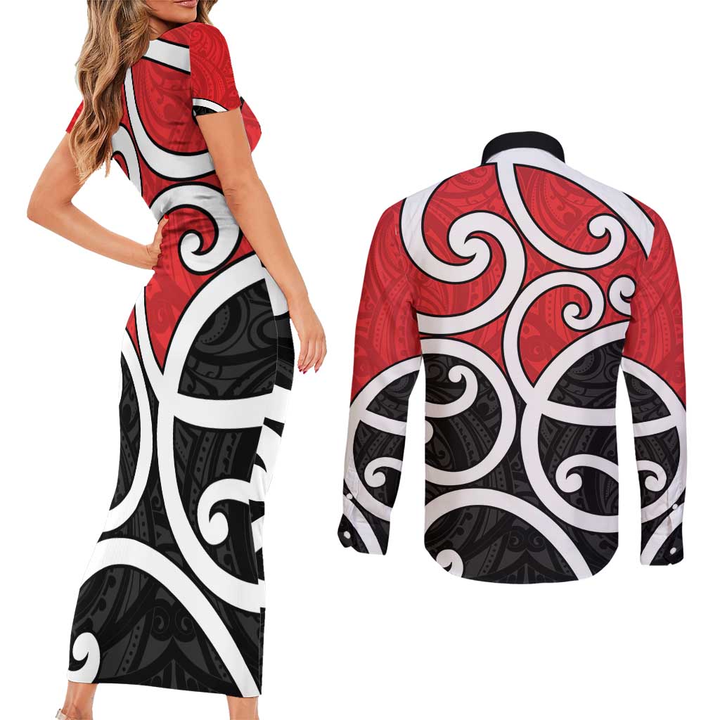 New Zealand Couples Matching Short Sleeve Bodycon Dress and Long Sleeve Button Shirt Maori Koru Tino Rangatiratanga Color LT14 - Polynesian Pride