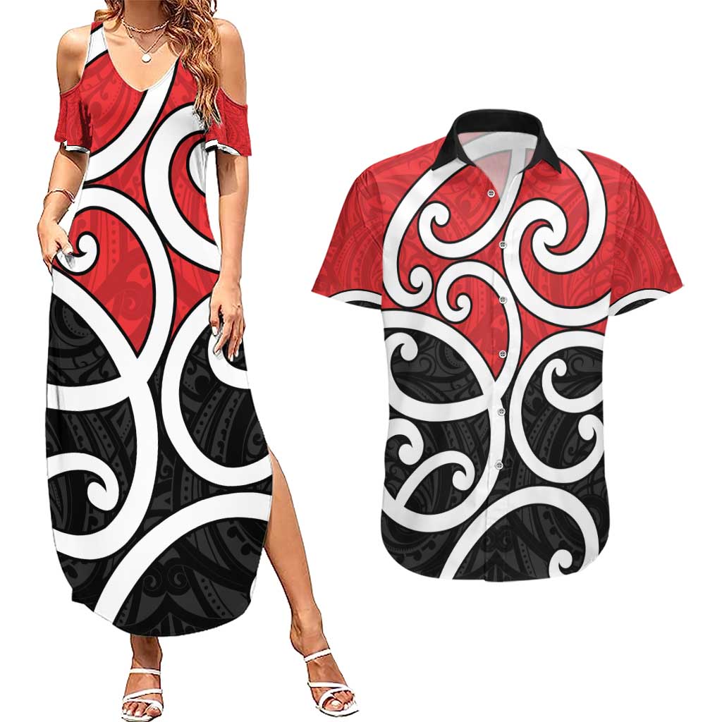New Zealand Couples Matching Summer Maxi Dress and Hawaiian Shirt Maori Koru Tino Rangatiratanga Color LT14 Red - Polynesian Pride