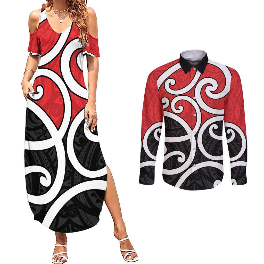 New Zealand Couples Matching Summer Maxi Dress and Long Sleeve Button Shirt Maori Koru Tino Rangatiratanga Color LT14 Red - Polynesian Pride