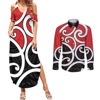 New Zealand Couples Matching Summer Maxi Dress and Long Sleeve Button Shirt Maori Koru Tino Rangatiratanga Color LT14 Red - Polynesian Pride