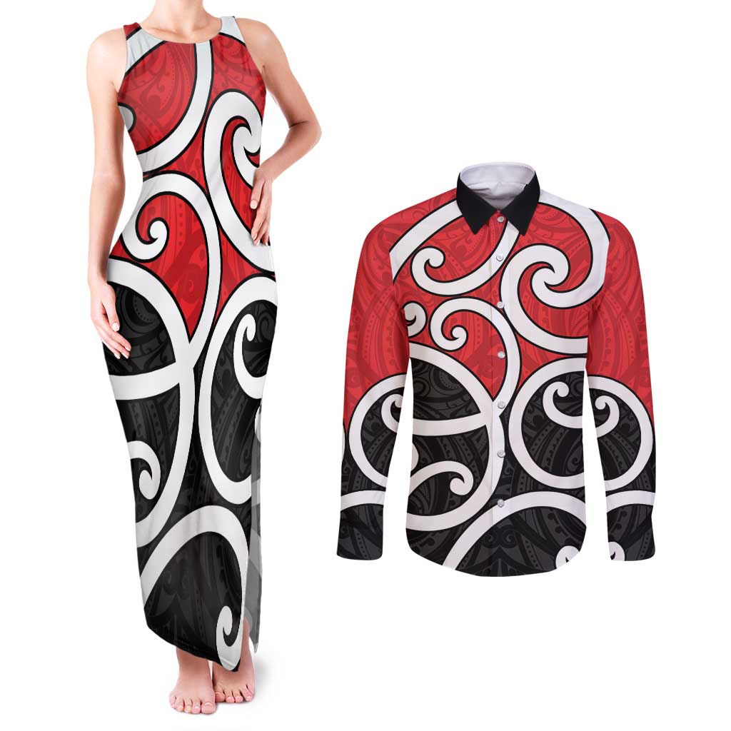 New Zealand Couples Matching Tank Maxi Dress and Long Sleeve Button Shirt Maori Koru Tino Rangatiratanga Color LT14 Red - Polynesian Pride