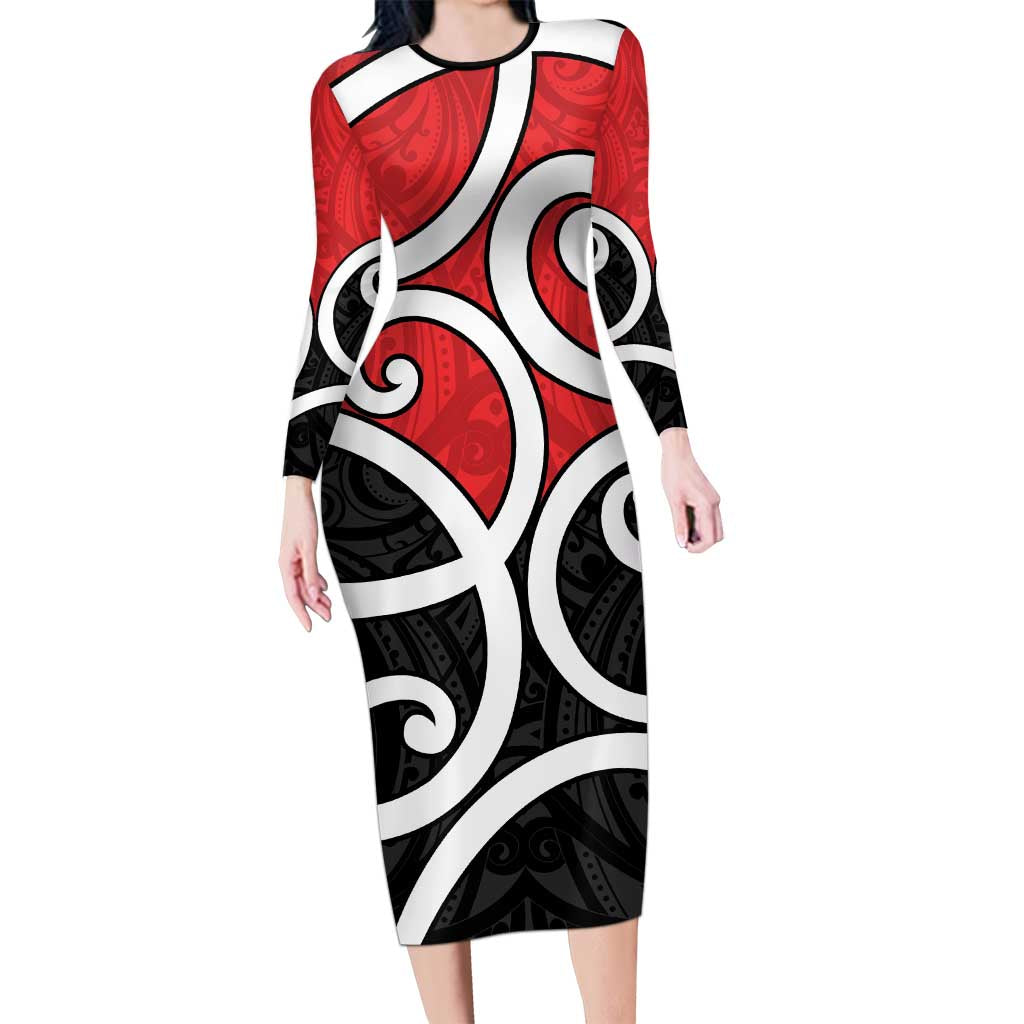 New Zealand Family Matching Long Sleeve Bodycon Dress and Hawaiian Shirt Maori Koru Tino Rangatiratanga Color LT14 Mom's Dress Red - Polynesian Pride