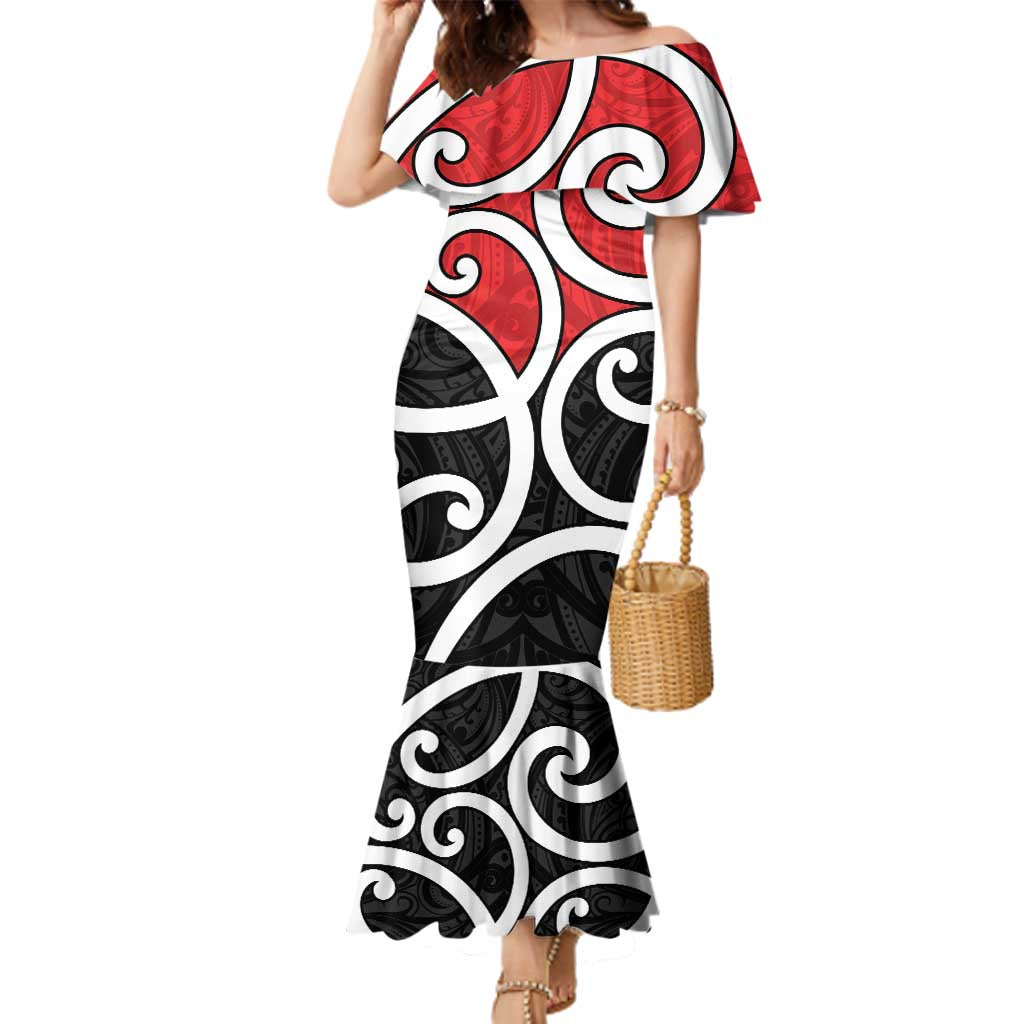 New Zealand Family Matching Mermaid Dress and Hawaiian Shirt Maori Koru Tino Rangatiratanga Color LT14 Mom's Dress Red - Polynesian Pride