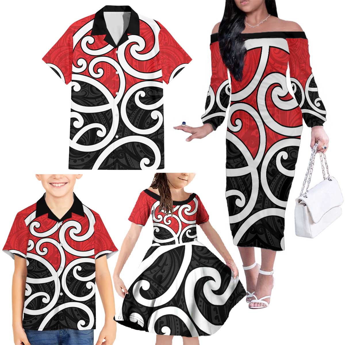 New Zealand Family Matching Off The Shoulder Long Sleeve Dress and Hawaiian Shirt Maori Koru Tino Rangatiratanga Color LT14 - Polynesian Pride