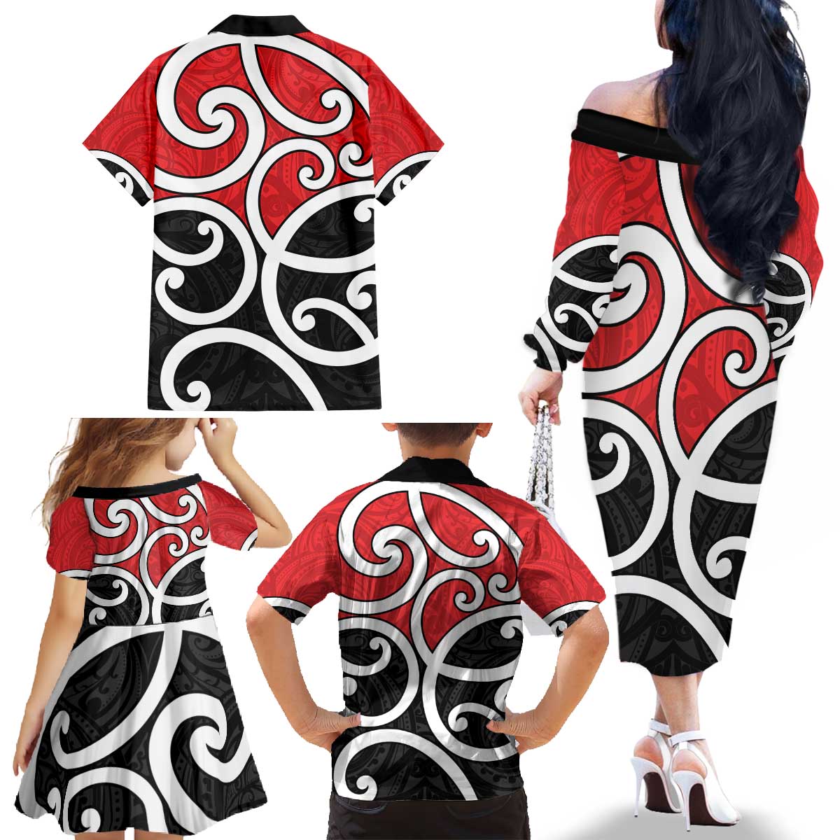 New Zealand Family Matching Off The Shoulder Long Sleeve Dress and Hawaiian Shirt Maori Koru Tino Rangatiratanga Color LT14 - Polynesian Pride