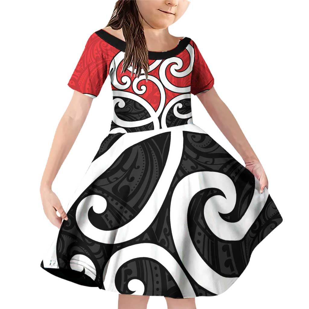New Zealand Family Matching Off Shoulder Short Dress and Hawaiian Shirt Maori Koru Tino Rangatiratanga Color LT14 Daughter's Dress Red - Polynesian Pride