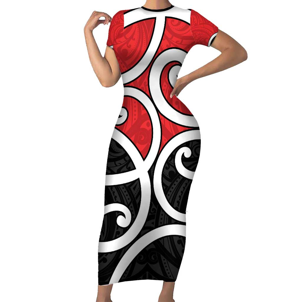 New Zealand Short Sleeve Bodycon Dress Maori Koru Tino Rangatiratanga Color LT14 Long Dress Red - Polynesian Pride