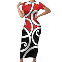 New Zealand Short Sleeve Bodycon Dress Maori Koru Tino Rangatiratanga Color LT14 Long Dress Red - Polynesian Pride