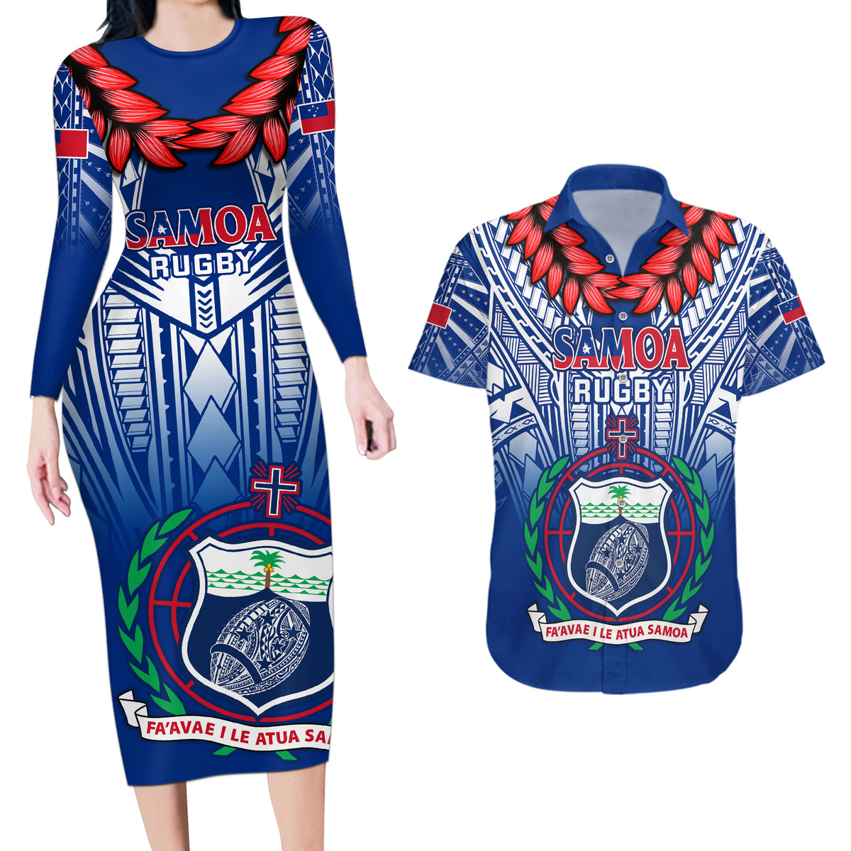 Samoa Rugby Couples Matching Long Sleeve Bodycon Dress and Hawaiian Shirt 2023 Go Manu Samoa With Ula Fala Style LT14 Blue - Polynesian Pride