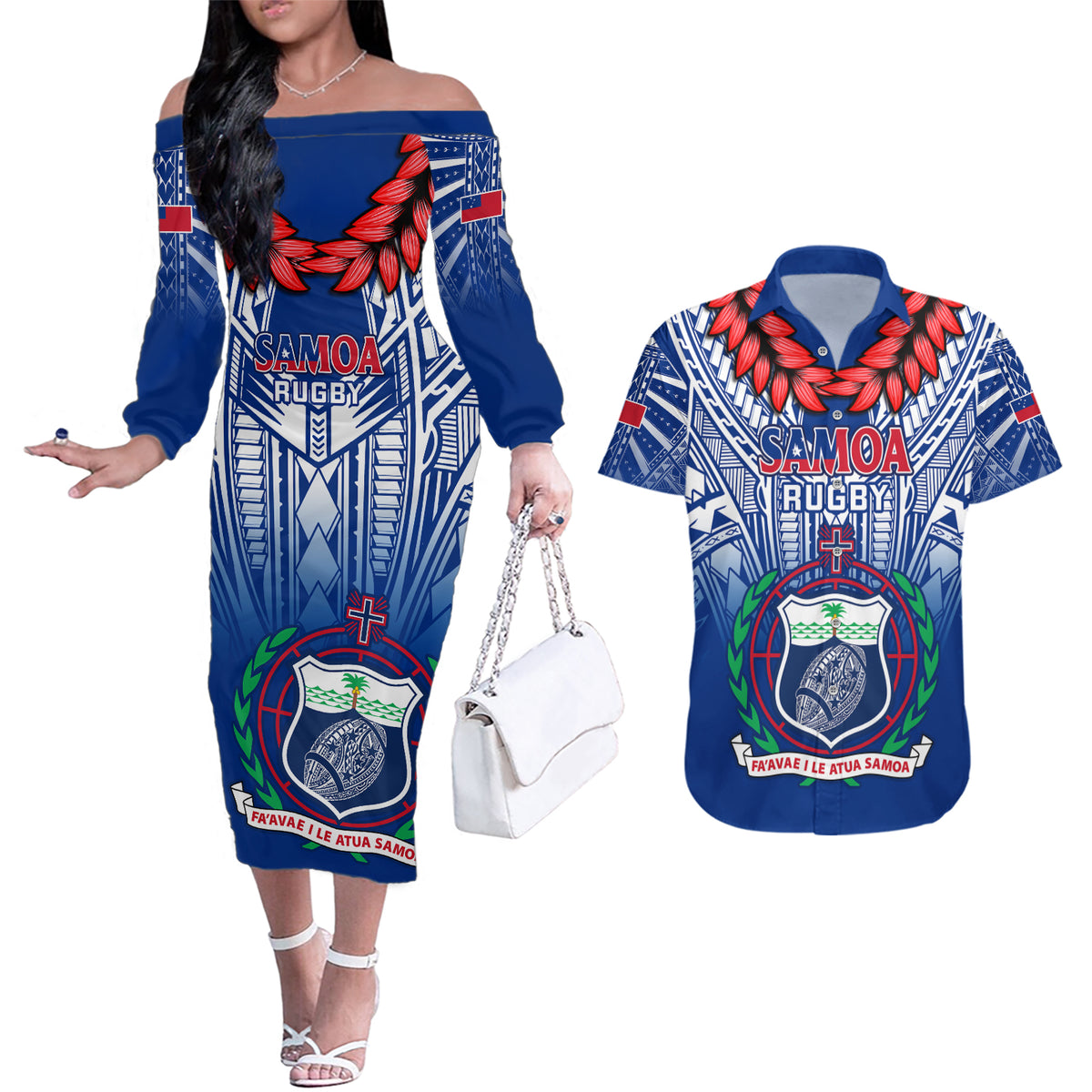 Samoa Rugby Couples Matching Off The Shoulder Long Sleeve Dress and Hawaiian Shirt 2023 Go Manu Samoa With Ula Fala Style LT14 Blue - Polynesian Pride