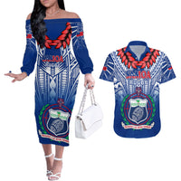 Samoa Rugby Couples Matching Off The Shoulder Long Sleeve Dress and Hawaiian Shirt 2023 Go Manu Samoa With Ula Fala Style LT14 Blue - Polynesian Pride