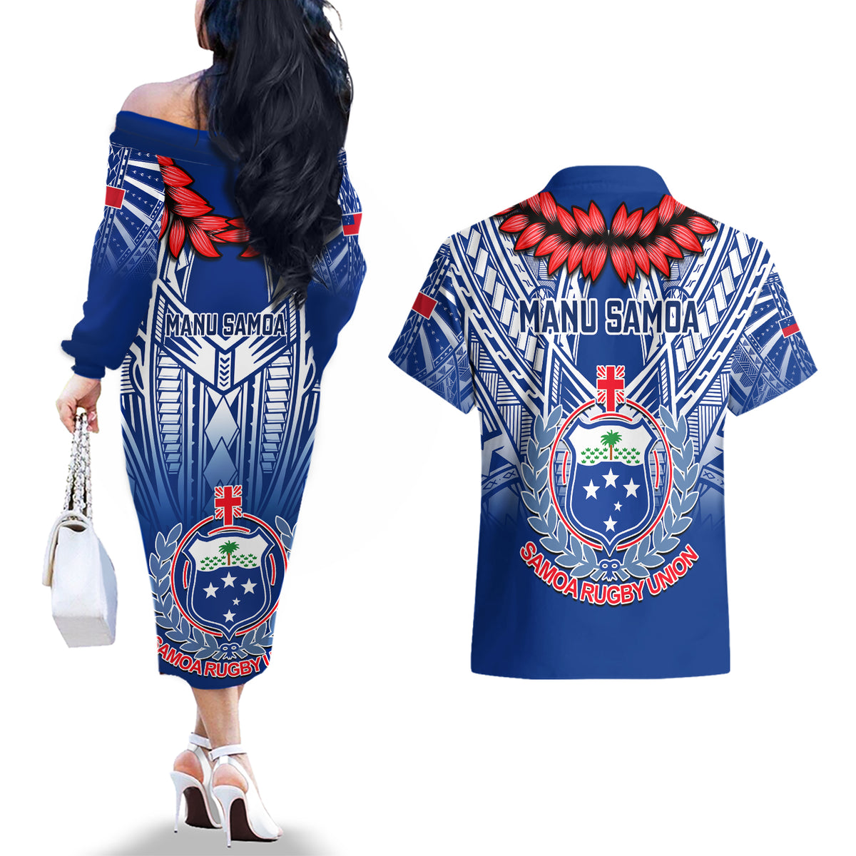 Samoa Rugby Couples Matching Off The Shoulder Long Sleeve Dress and Hawaiian Shirt 2023 Go Manu Samoa With Ula Fala Style LT14 - Polynesian Pride
