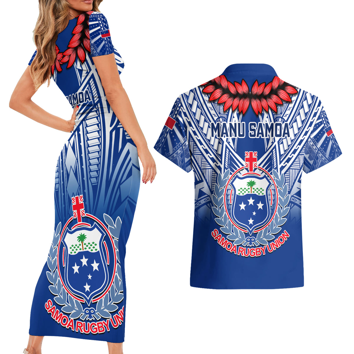 Samoa Rugby Couples Matching Short Sleeve Bodycon Dress and Hawaiian Shirt 2023 Go Manu Samoa With Ula Fala Style LT14 - Polynesian Pride