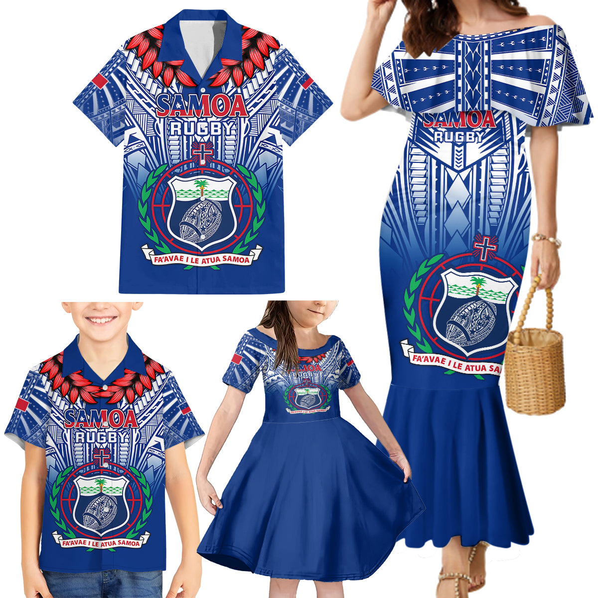 Samoa Rugby Family Matching Mermaid Dress and Hawaiian Shirt 2023 Go Manu Samoa With Ula Fala Style LT14 - Polynesian Pride