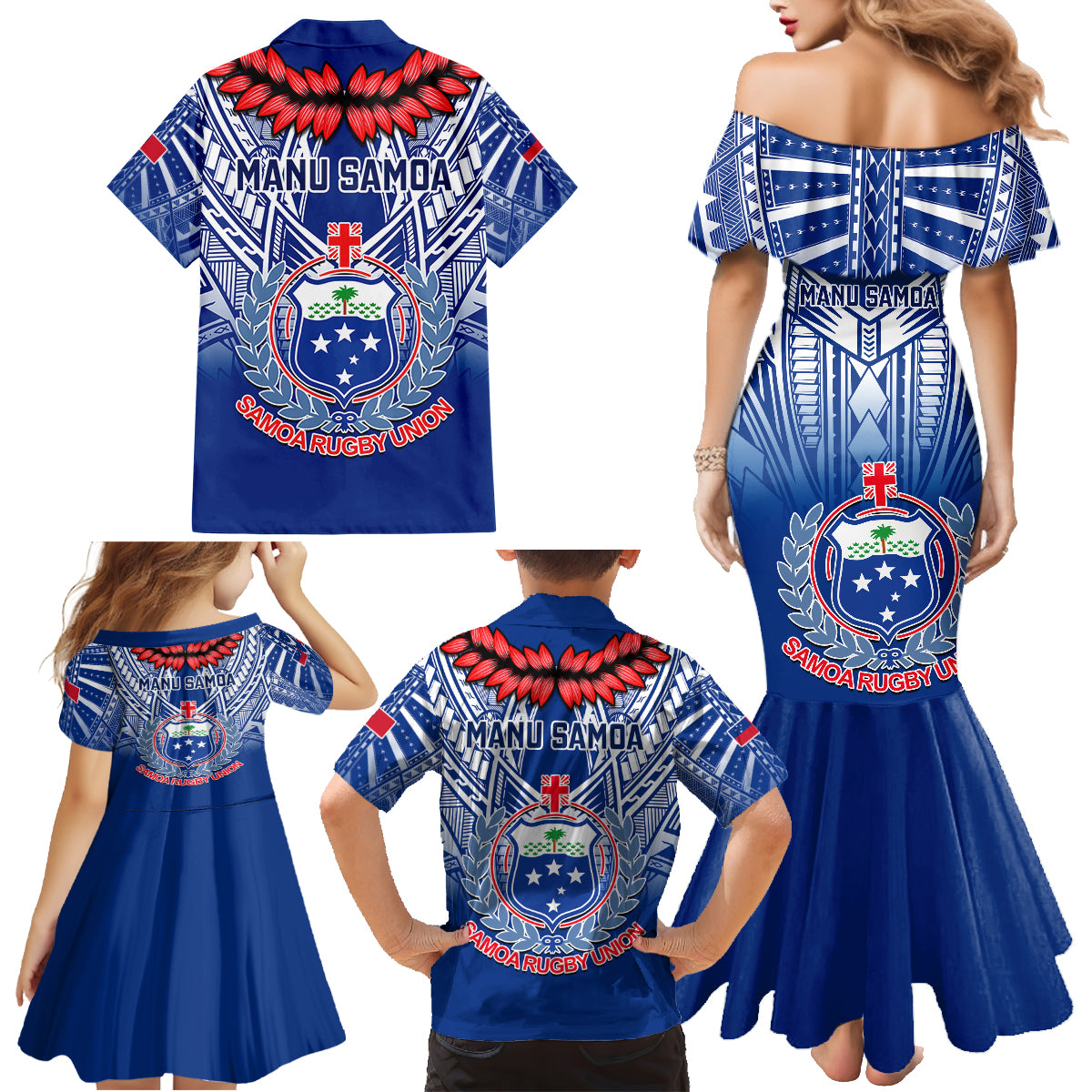 Samoa Rugby Family Matching Mermaid Dress and Hawaiian Shirt 2023 Go Manu Samoa With Ula Fala Style LT14 - Polynesian Pride