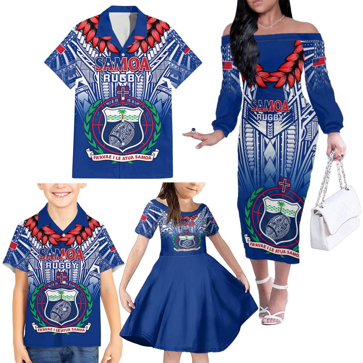 Samoa Rugby Family Matching Off Shoulder Long Sleeve Dress and Hawaiian Shirt 2023 Go Manu Samoa With Ula Fala Style LT14 - Polynesian Pride