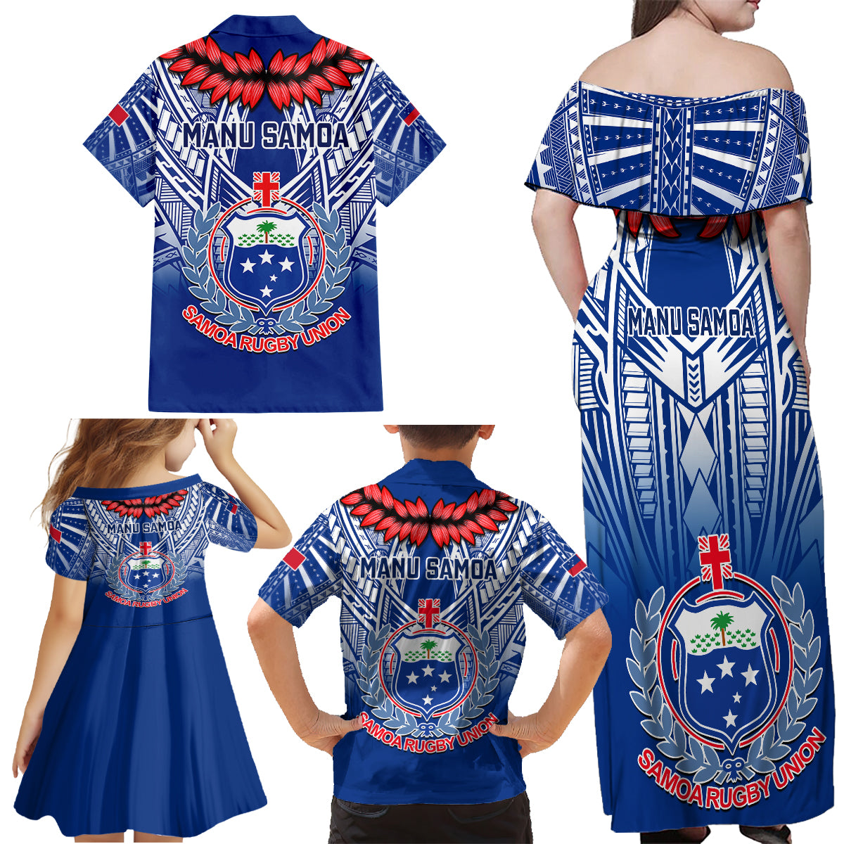 Samoa Rugby Family Matching Off Shoulder Long Sleeve Dress and Hawaiian Shirt 2023 Go Manu Samoa With Ula Fala Style LT14 - Polynesian Pride