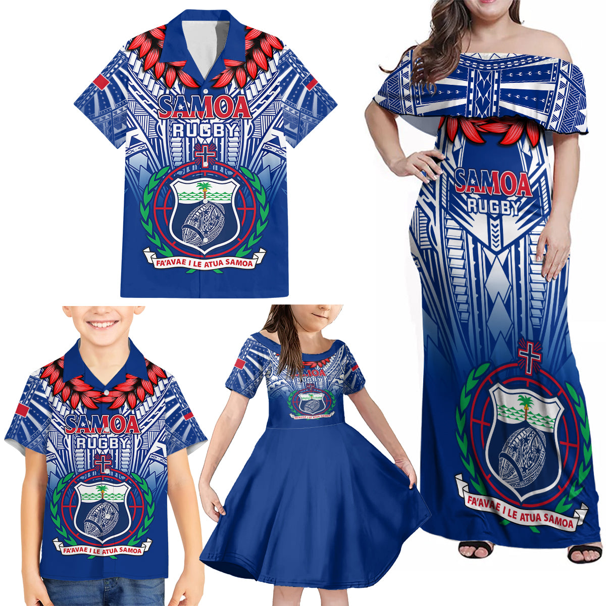 Samoa Rugby Family Matching Off Shoulder Maxi Dress and Hawaiian Shirt 2023 Go Manu Samoa With Ula Fala Style LT14 - Polynesian Pride