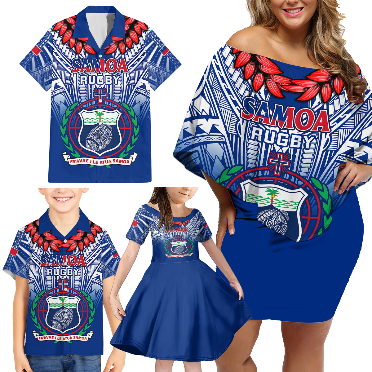 Samoa Rugby Family Matching Off Shoulder Short Dress and Hawaiian Shirt 2023 Go Manu Samoa With Ula Fala Style LT14 - Polynesian Pride