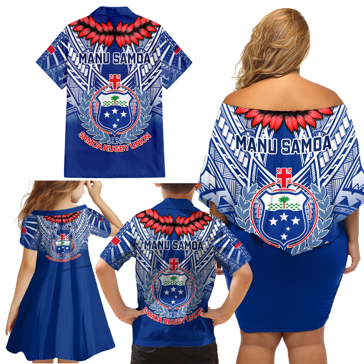 Samoa Rugby Family Matching Off Shoulder Short Dress and Hawaiian Shirt 2023 Go Manu Samoa With Ula Fala Style LT14 - Polynesian Pride