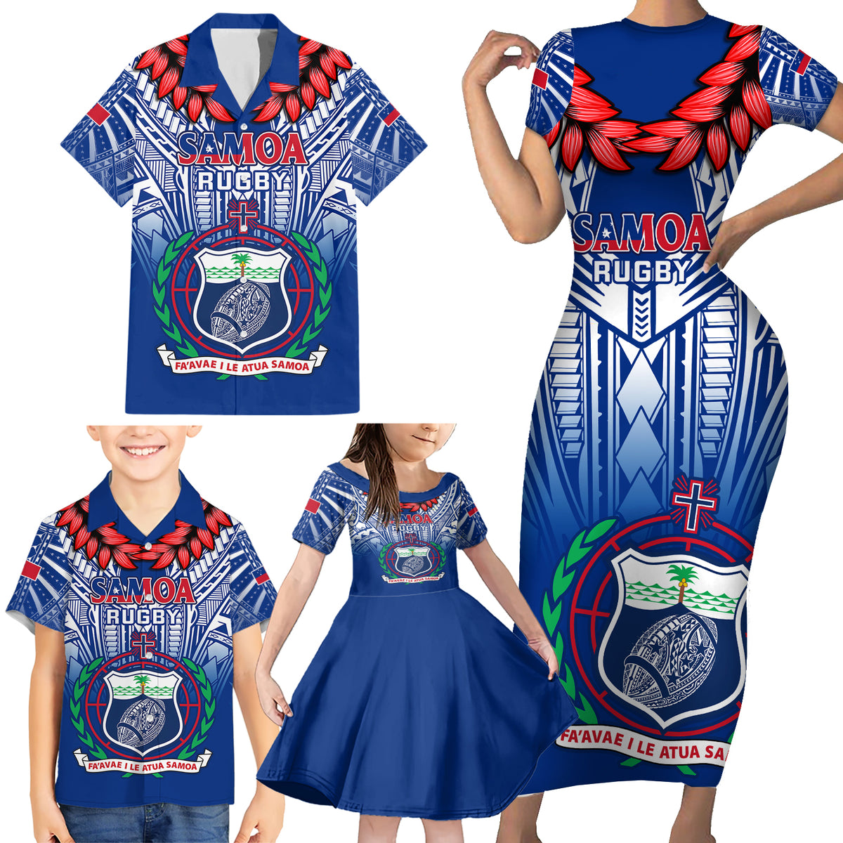 Samoa Rugby Family Matching Short Sleeve Bodycon Dress and Hawaiian Shirt 2023 Go Manu Samoa With Ula Fala Style LT14 - Polynesian Pride