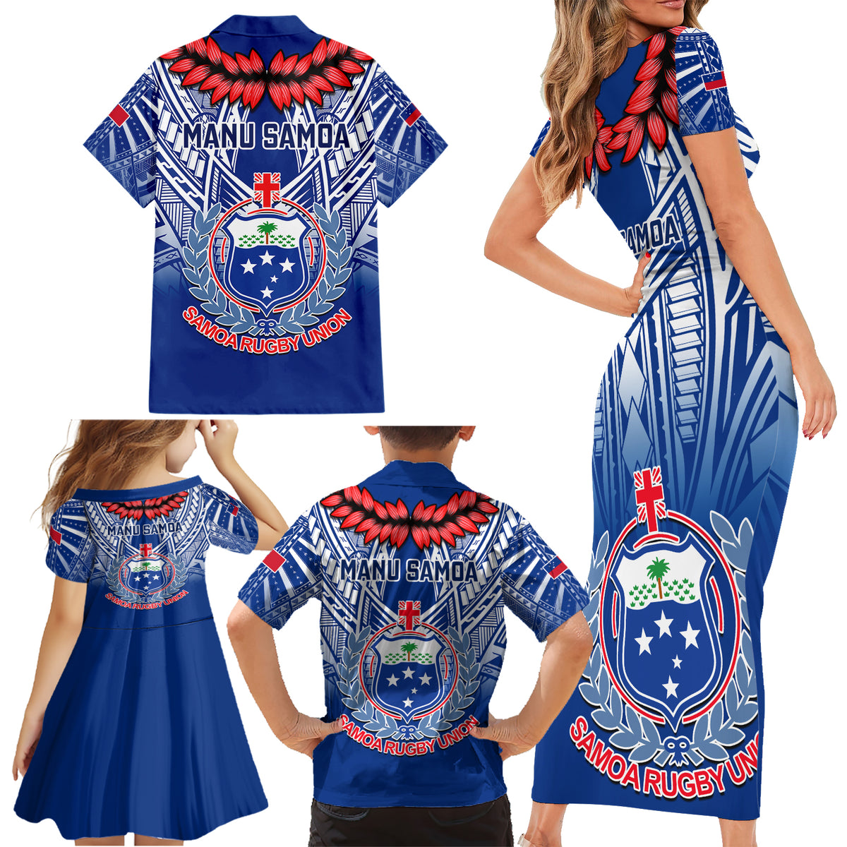 Samoa Rugby Family Matching Short Sleeve Bodycon Dress and Hawaiian Shirt 2023 Go Manu Samoa With Ula Fala Style LT14 - Polynesian Pride