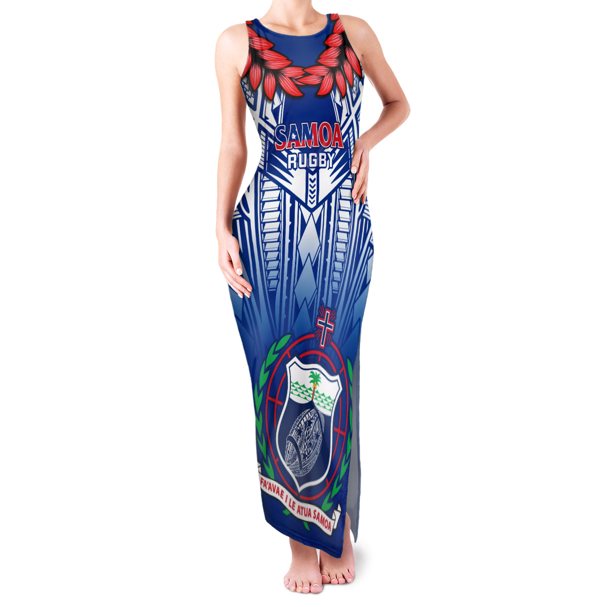 Samoa Rugby Family Matching Tank Maxi Dress and Hawaiian Shirt 2023 Go Manu Samoa With Ula Fala Style LT14 Mom's Dress Blue - Polynesian Pride