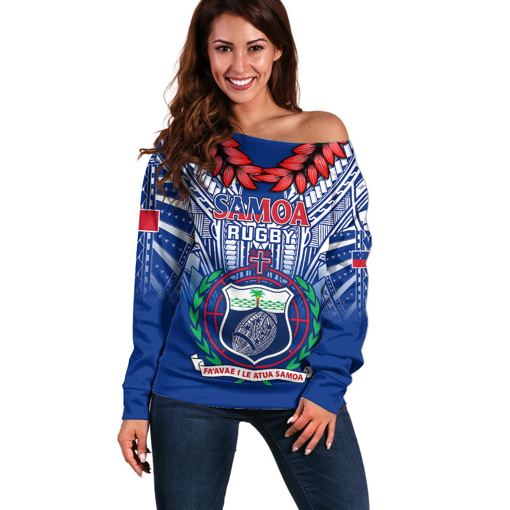 Samoa Rugby Off Shoulder Sweater 2023 Go Manu Samoa With Ula Fala Style LT14 Women Blue - Polynesian Pride