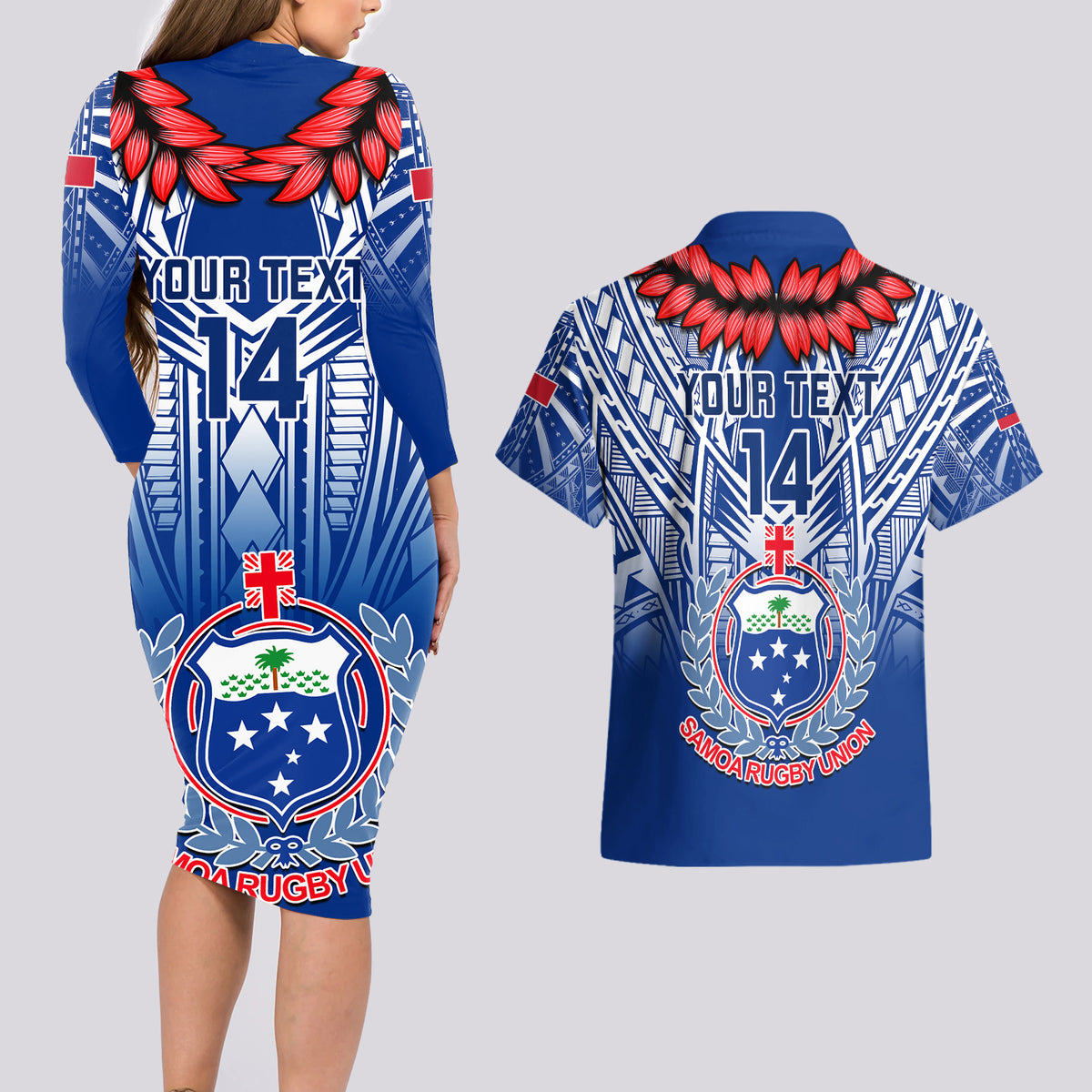 Custom Samoa Rugby Couples Matching Long Sleeve Bodycon Dress and Hawaiian Shirt 2023 Go Manu Samoa With Ula Fala Style LT14 - Polynesian Pride