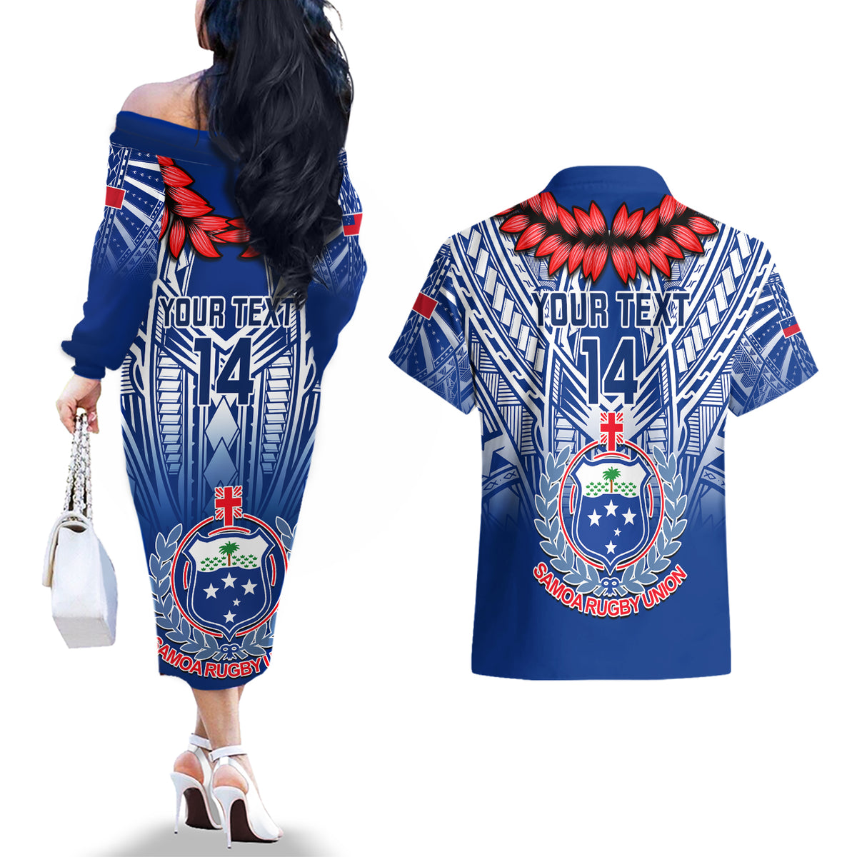 Custom Samoa Rugby Couples Matching Off The Shoulder Long Sleeve Dress and Hawaiian Shirt 2023 Go Manu Samoa With Ula Fala Style LT14 - Polynesian Pride