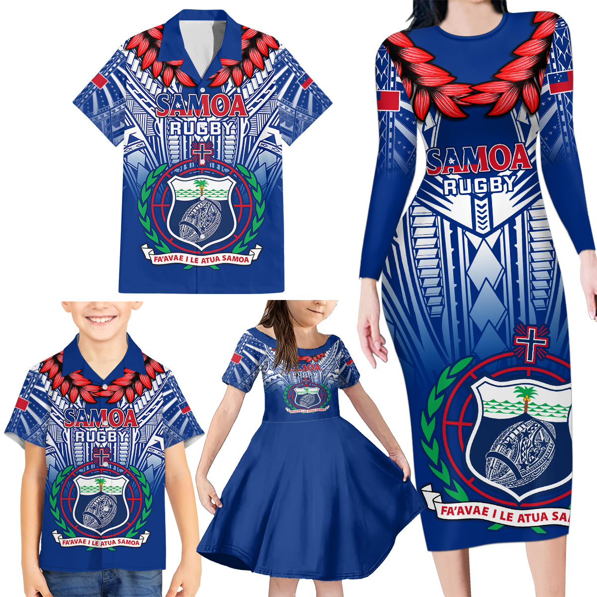 Custom Samoa Rugby Family Matching Long Sleeve Bodycon Dress and Hawaiian Shirt 2023 Go Manu Samoa With Ula Fala Style LT14 - Polynesian Pride