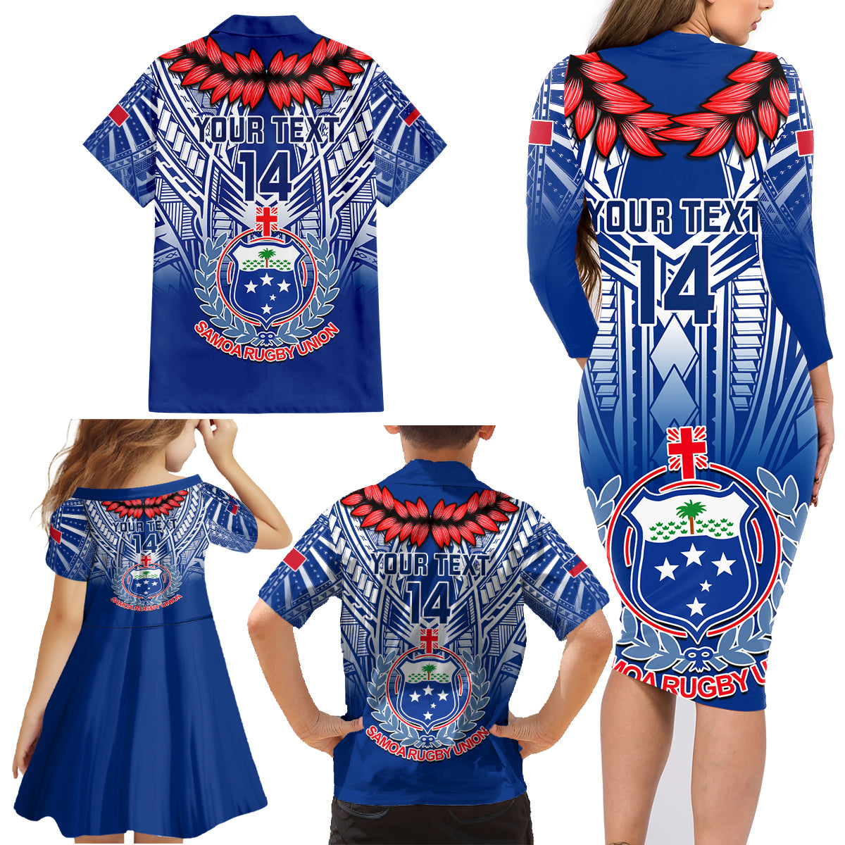 Custom Samoa Rugby Family Matching Long Sleeve Bodycon Dress and Hawaiian Shirt 2023 Go Manu Samoa With Ula Fala Style LT14 - Polynesian Pride