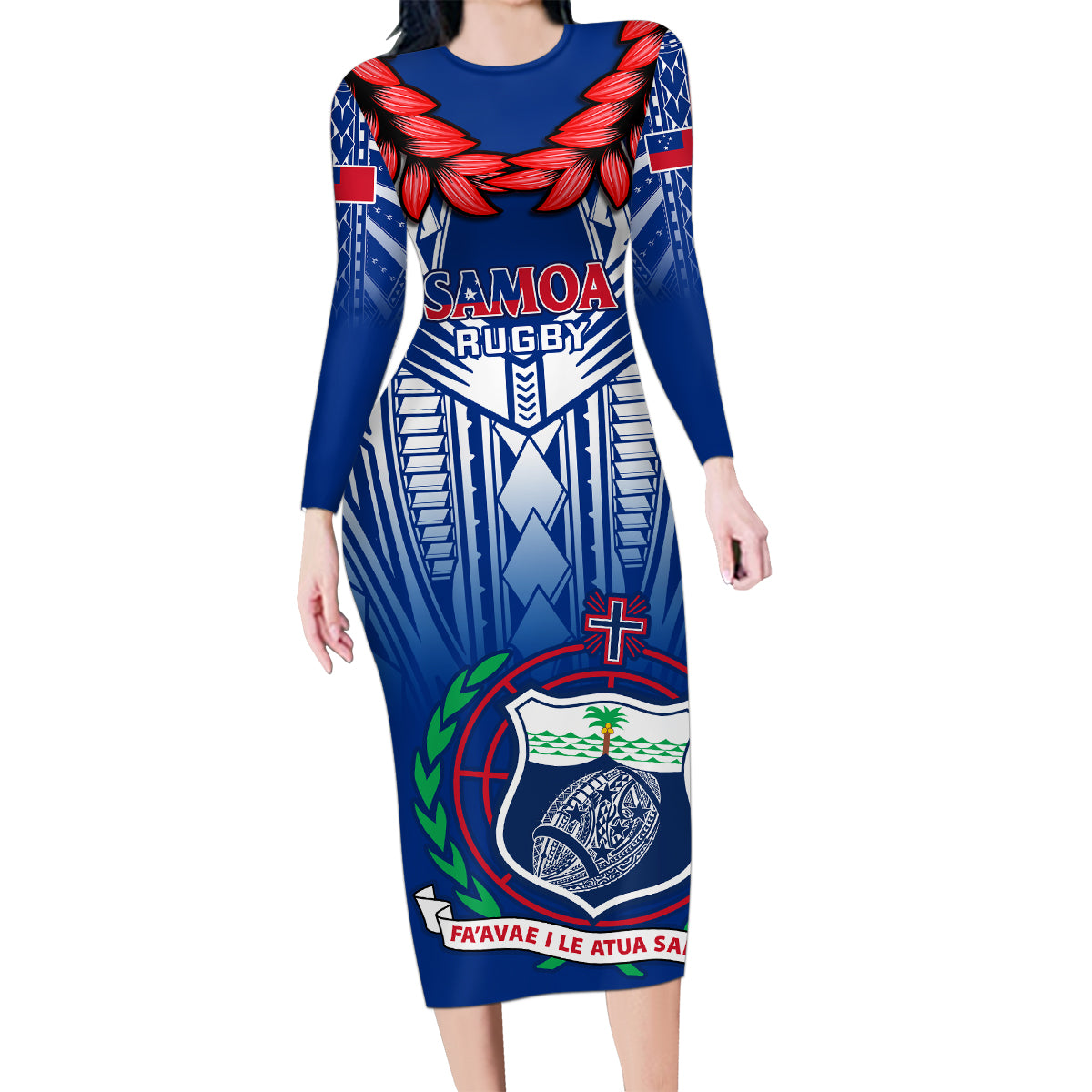 Custom Samoa Rugby Family Matching Long Sleeve Bodycon Dress and Hawaiian Shirt 2023 Go Manu Samoa With Ula Fala Style LT14 Mom's Dress Blue - Polynesian Pride