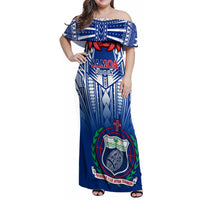 Custom Samoa Rugby Family Matching Off Shoulder Maxi Dress and Hawaiian Shirt 2023 Go Manu Samoa With Ula Fala Style LT14 Dad's Shirt - Long Sleeve Blue - Polynesian Pride