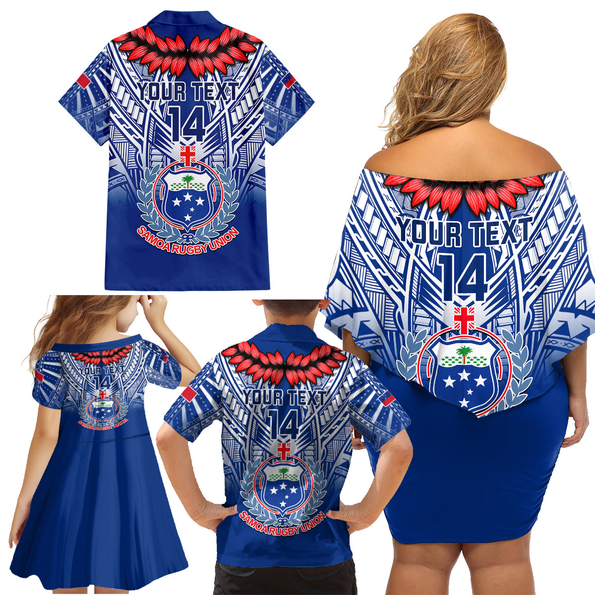 Custom Samoa Rugby Family Matching Off Shoulder Short Dress and Hawaiian Shirt 2023 Go Manu Samoa With Ula Fala Style LT14 - Polynesian Pride