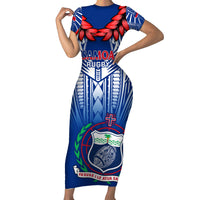 Custom Samoa Rugby Family Matching Short Sleeve Bodycon Dress and Hawaiian Shirt 2023 Go Manu Samoa With Ula Fala Style LT14 Mom's Dress Blue - Polynesian Pride
