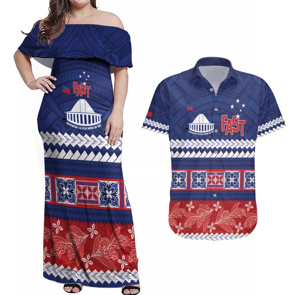 Personalised FAST Samoa Siapo Couples Matching Off Shoulder Maxi Dress and Hawaiian Shirt Teuila Flowers Samoan Pattern - Polynesian Pride