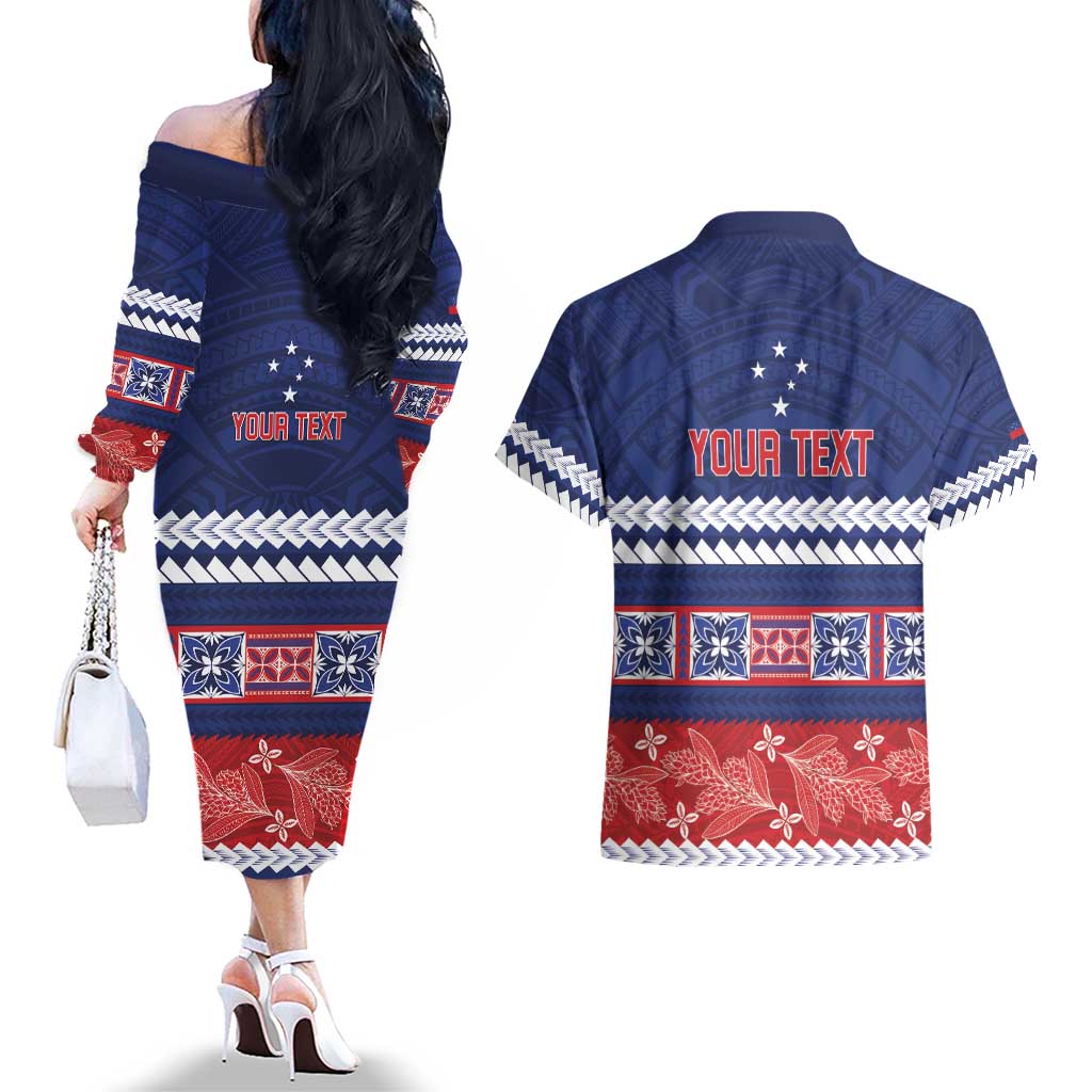 Personalised FAST Samoa Siapo Couples Matching Off The Shoulder Long Sleeve Dress and Hawaiian Shirt Teuila Flowers Samoan Pattern - Polynesian Pride