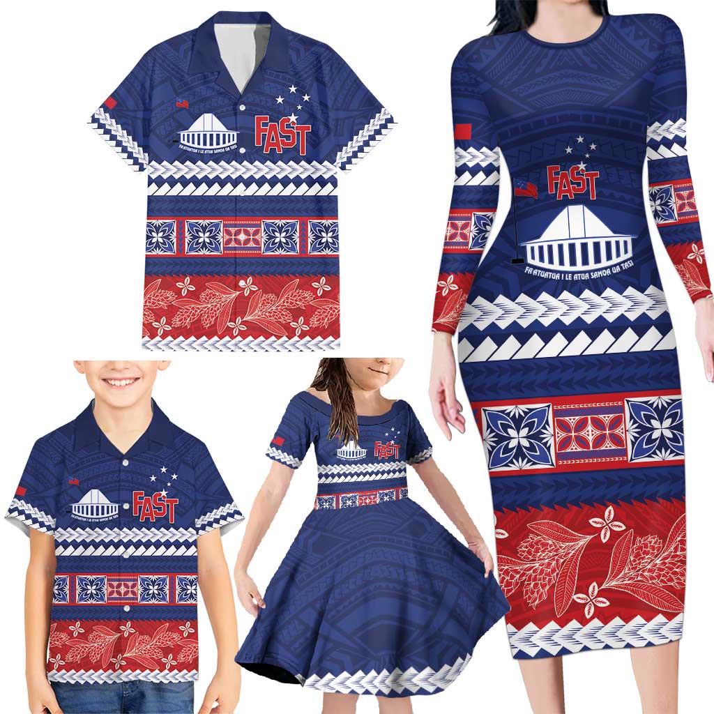 Personalised FAST Samoa Siapo Family Matching Long Sleeve Bodycon Dress and Hawaiian Shirt Teuila Flowers Samoan Pattern LT14 - Polynesian Pride